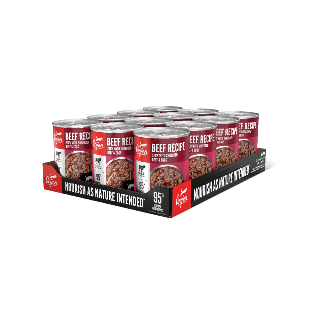 ORIJEN Beef Stew wet dog food can-pack shows convenient twelve-can bundle for easy feeding.
