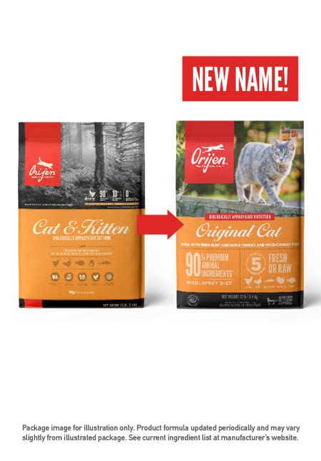 ORIJEN grain-free dry food 4-lb bags emphasizes convenient feline nutrition