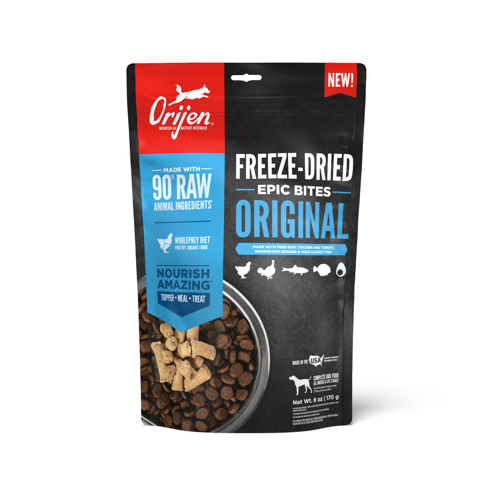Orijen Epic Bites freeze-dried dog food bowl scene showing serving convenience