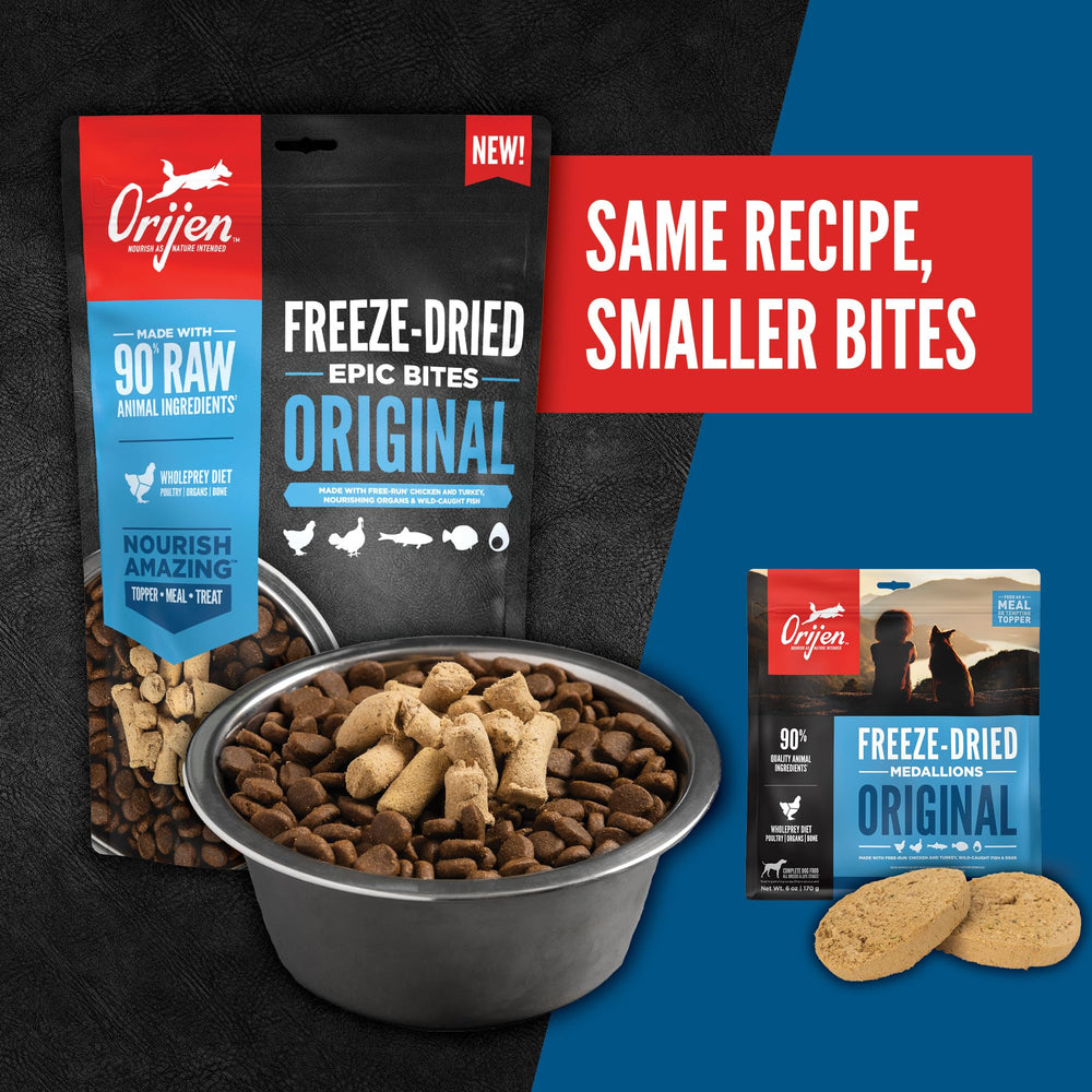 Orijen Epic Bites 6oz bag packaging close-up for compact storage