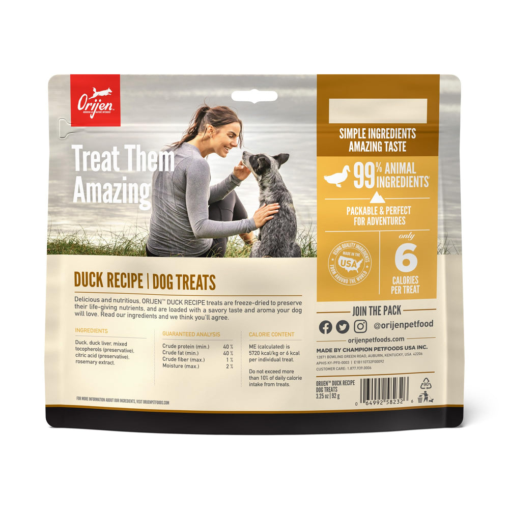 ORIJEN freeze-dried duck recipe ingredient closeup emphasizes duck and liver for protein.
