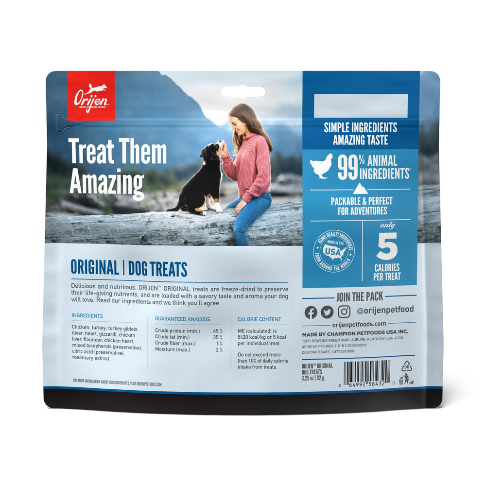 ORIJEN Freeze Dried Original dog treats closeup nuggets showing bite-sized protein