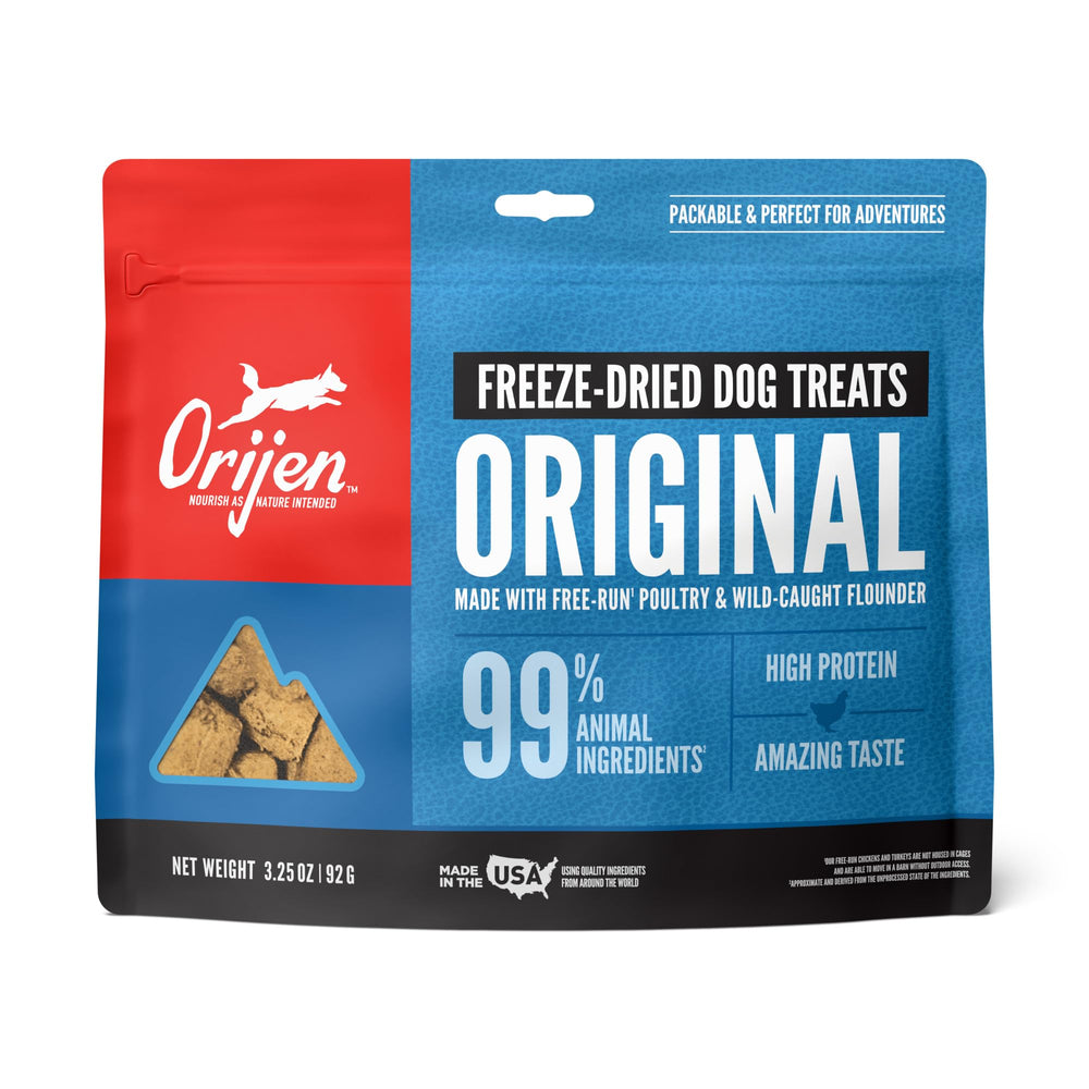 ORIJEN Freeze Dried Original dog treats packaging front with premium protein rewards