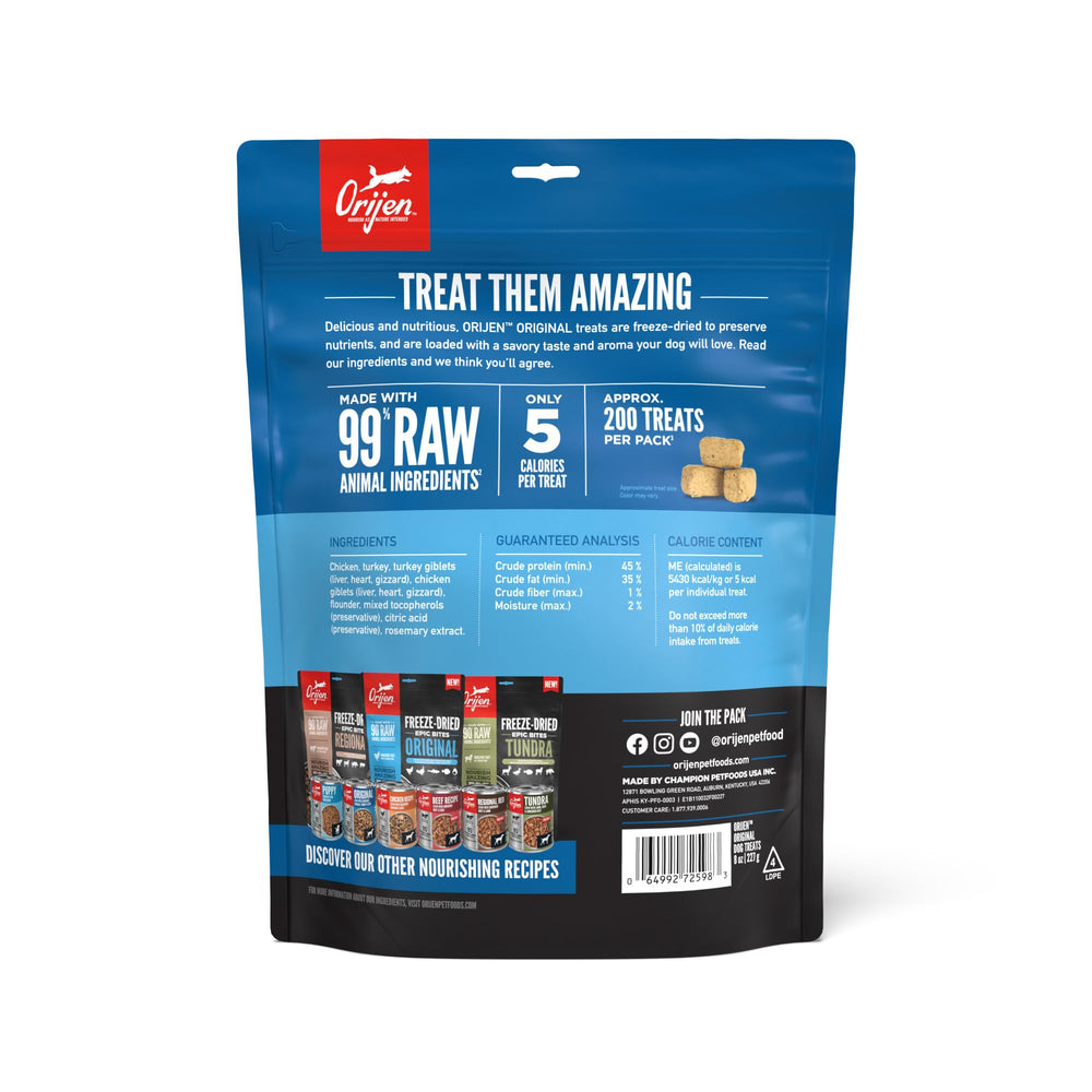 ORIJEN freeze-dried original treats close-up—99% animal ingredients for strong, tasty rewards.