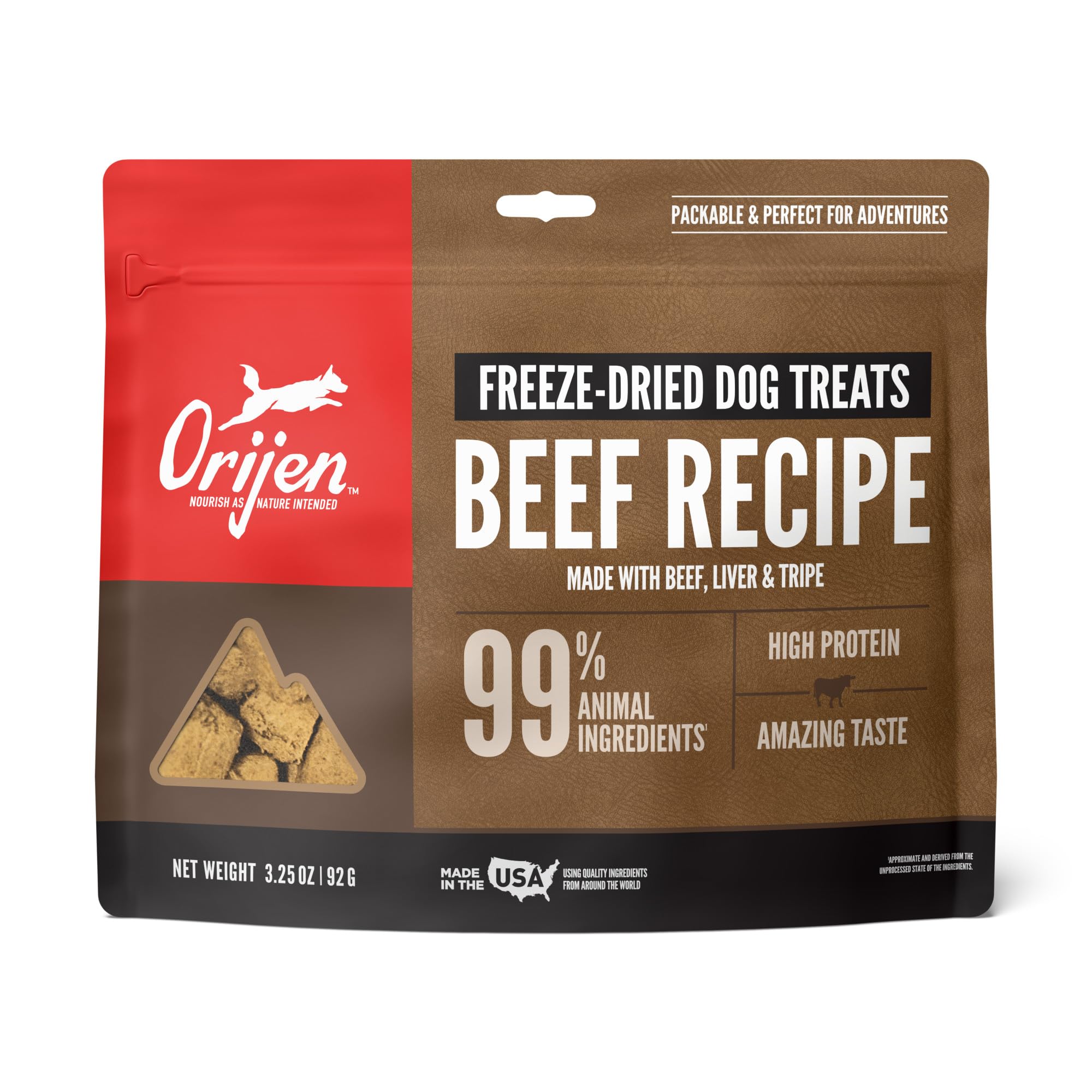ORIJEN grain-free beef treats packaging close-up for high-protein rewards