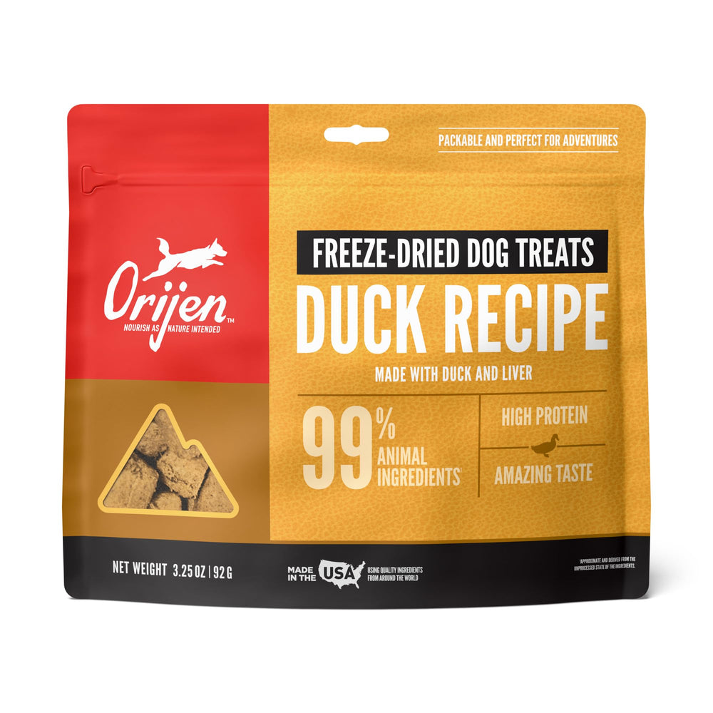 ORIJEN grain-free high-protein freeze-dried duck dog treats bag front highlights convenient, protein-rich snack.