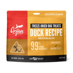 ORIJEN grain-free high-protein freeze-dried duck dog treats bag front highlights convenient, protein-rich snack.