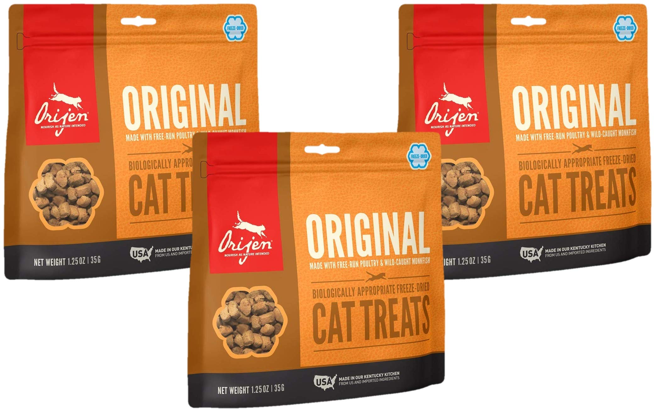 ORIJEN Original Cat Treats 3-pack packaging for easy rewards during training.