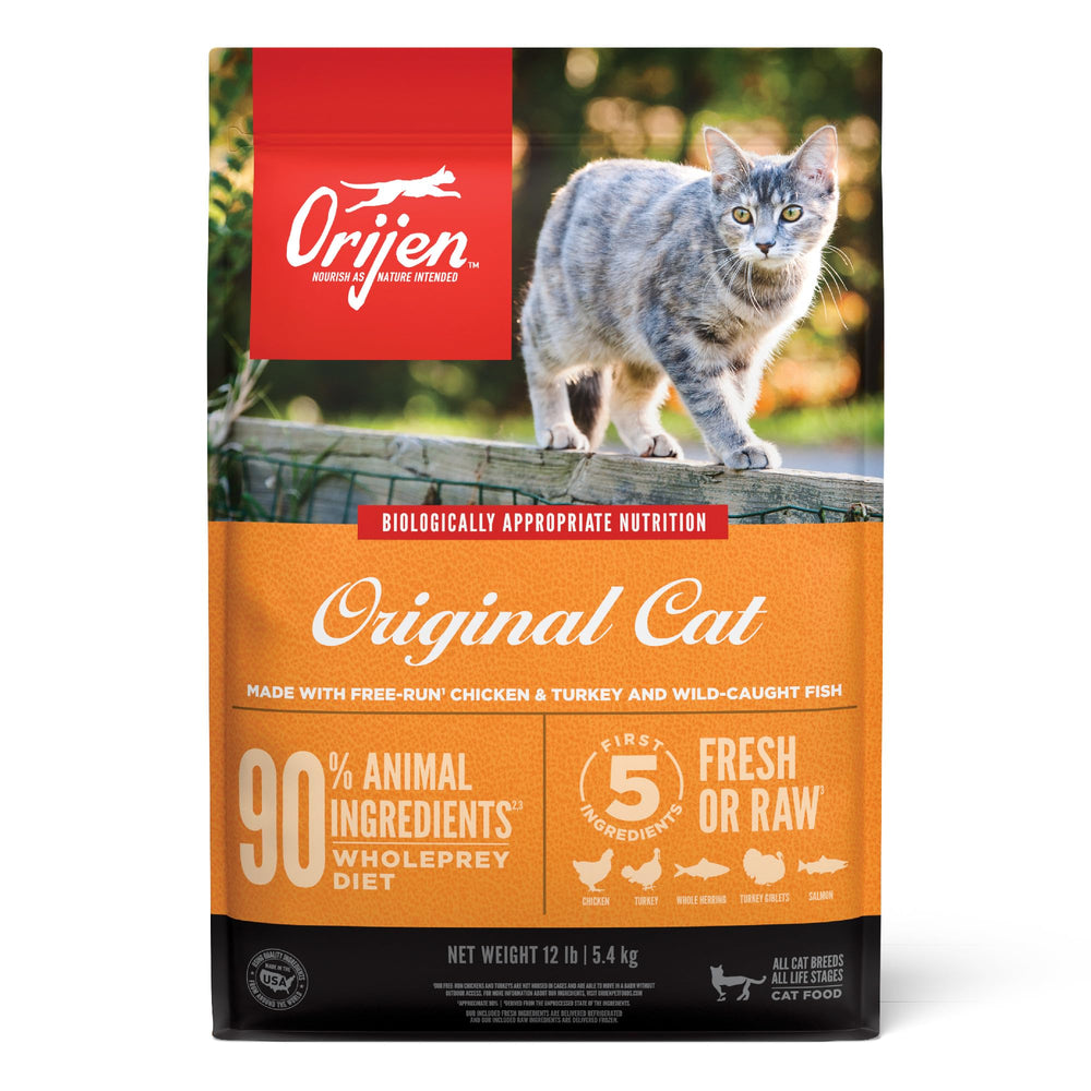 ORIJEN Original dry cat food bag highlights high-protein formula for digestion and coat health.