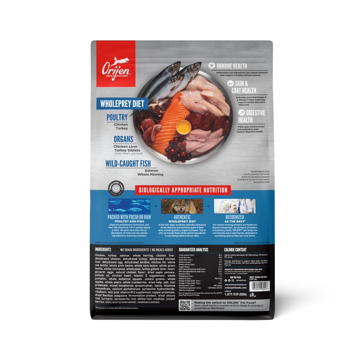 ORIJEN Original dry dog food kibble closeup, showcasing protein-rich bites and WholePrey ingredients.