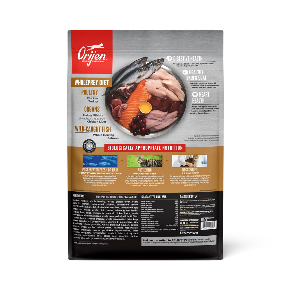 ORIJEN Original kibble close-up demonstrates grain-free texture for busy cats.