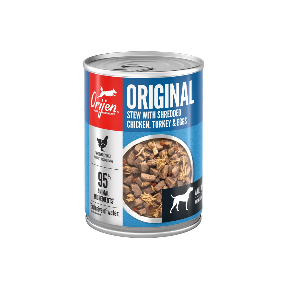 ORIJEN Original Stew chicken-turkey-eggs chunks closeup promotes nourishing protein