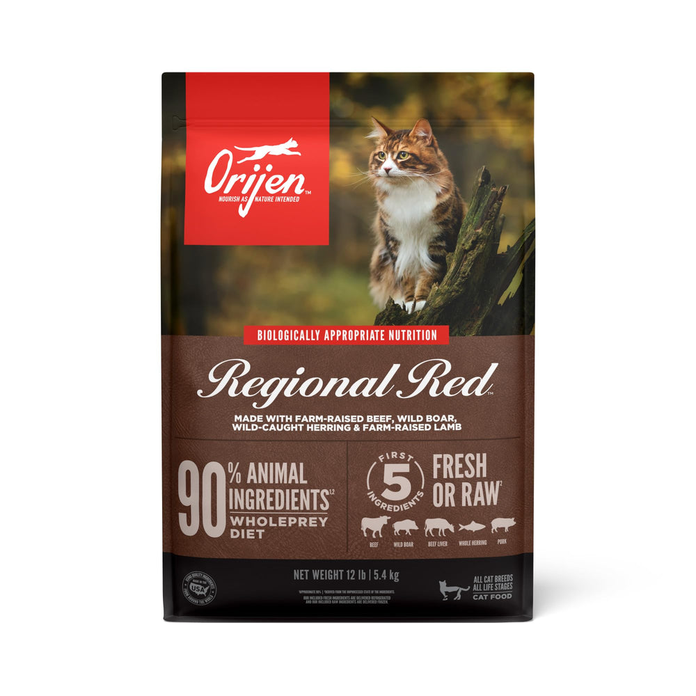 Orijen Regional Red dry cat food bag 12lb showing protein-rich nutrition for cats.