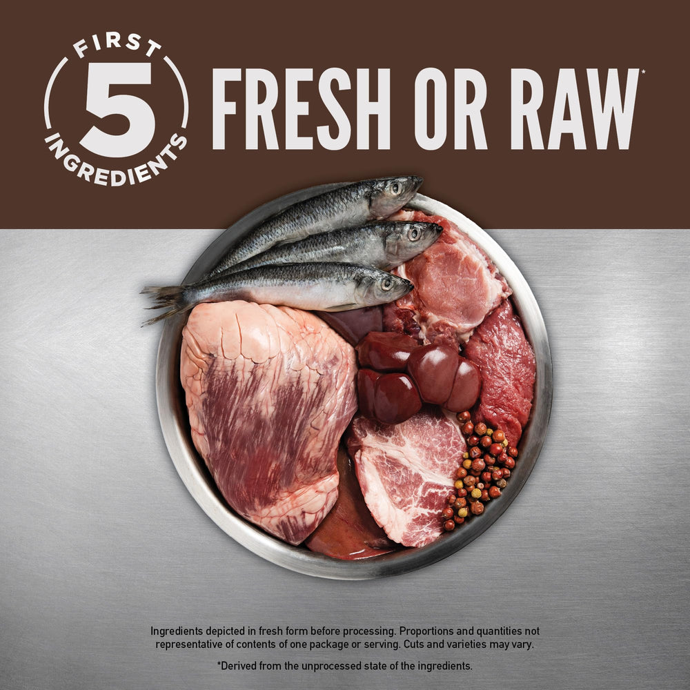 Orijen Regional Red fresh and raw beef and pork blend for premium protein.