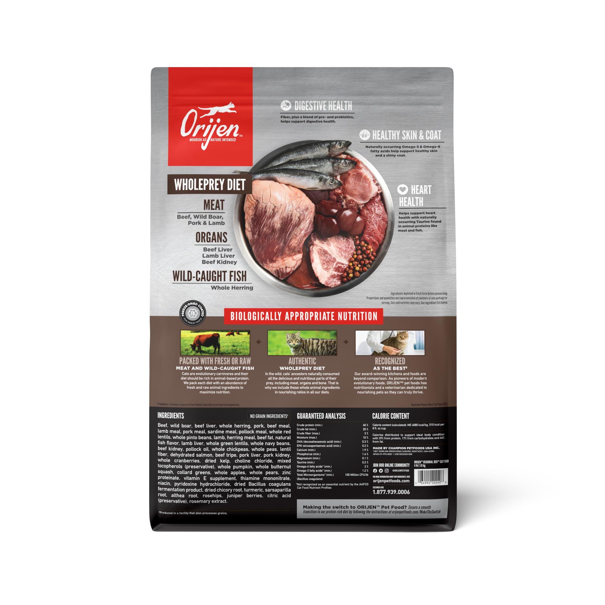 Orijen Regional Red kibble close-up highlighting grain-free, protein-forward bites.