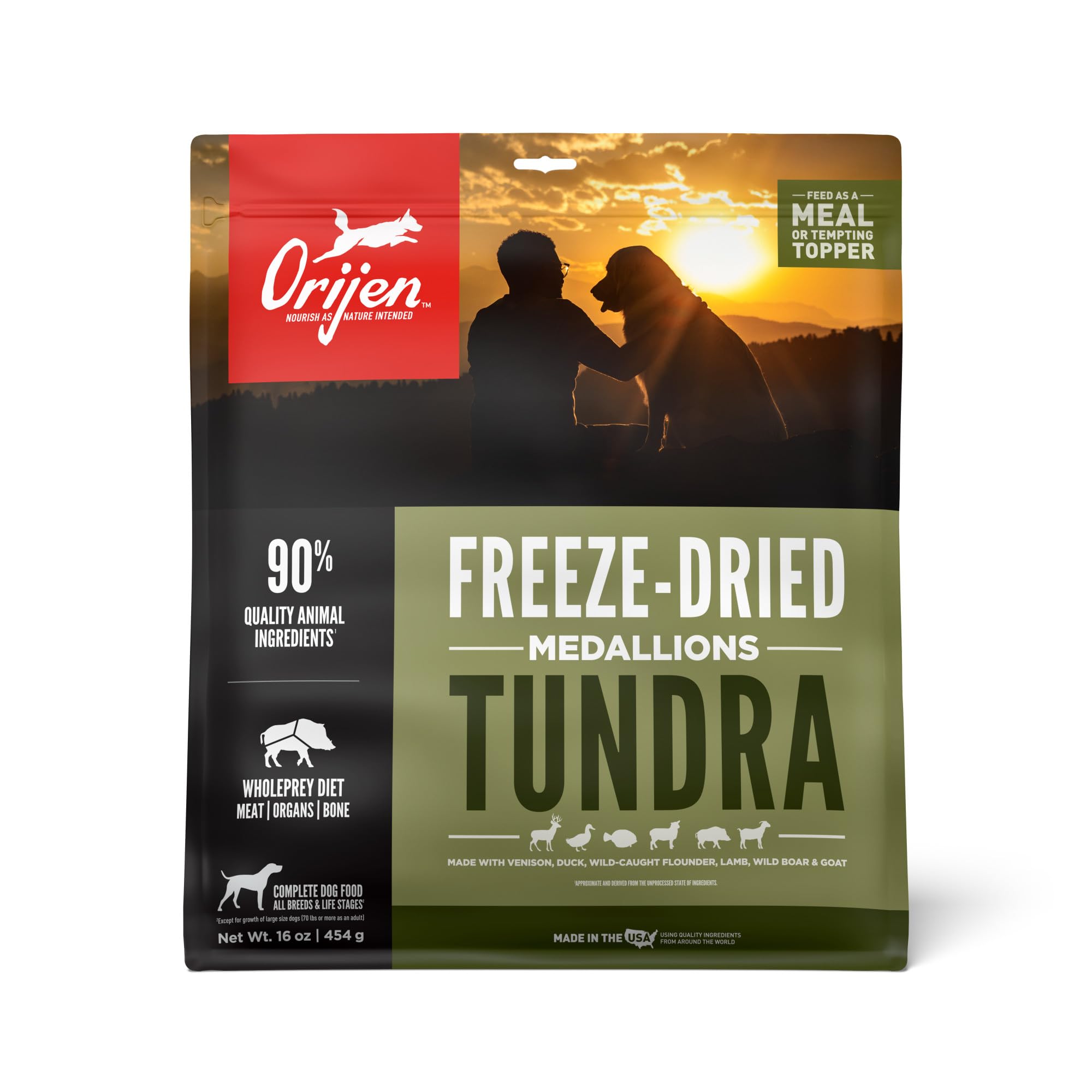 ORIJEN TUNDRA 16oz bag—grain-free, high-protein meal option.