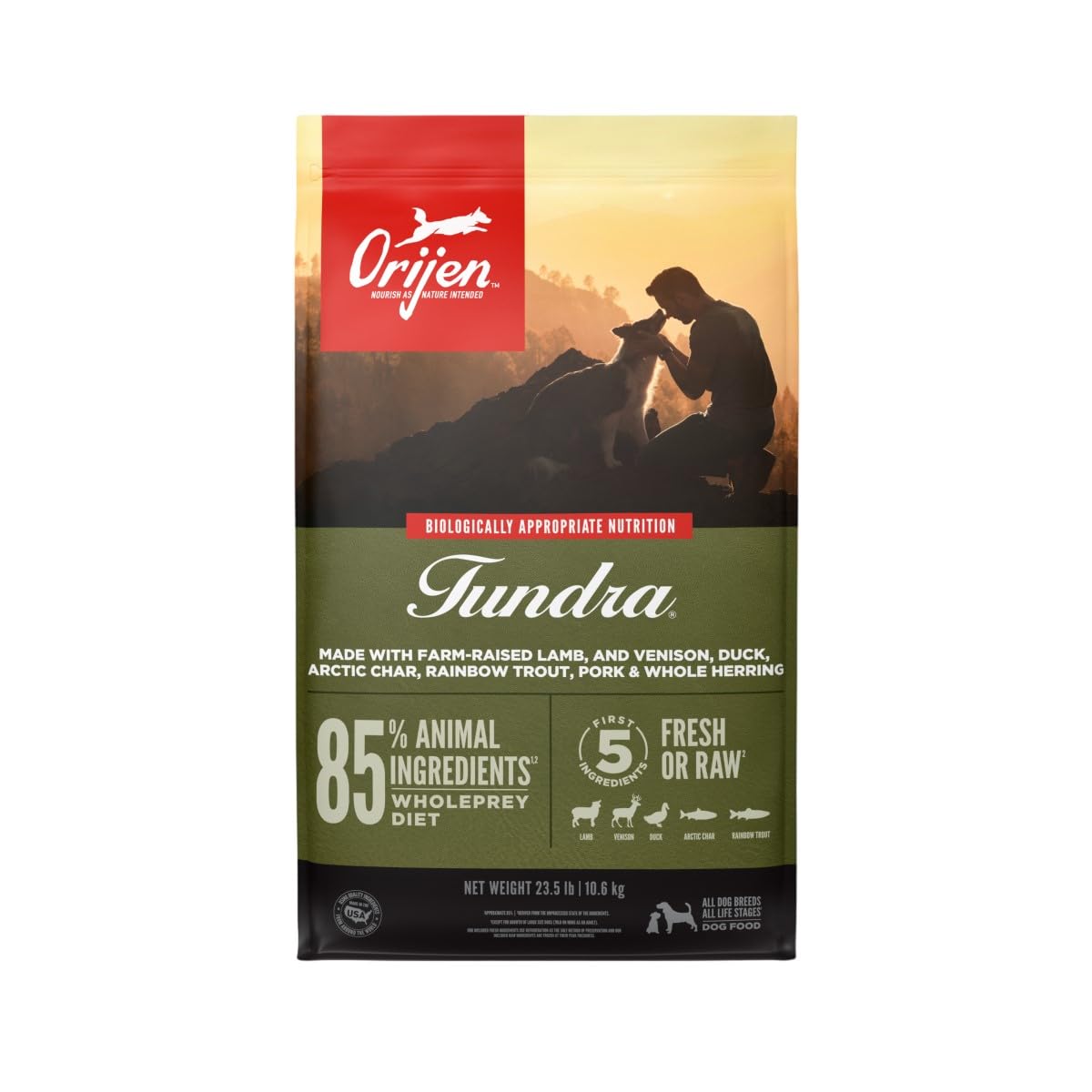 ORIJEN tundra 23.5lb bag on shelf highlighting grain-free poultry-free formula for dogs.
