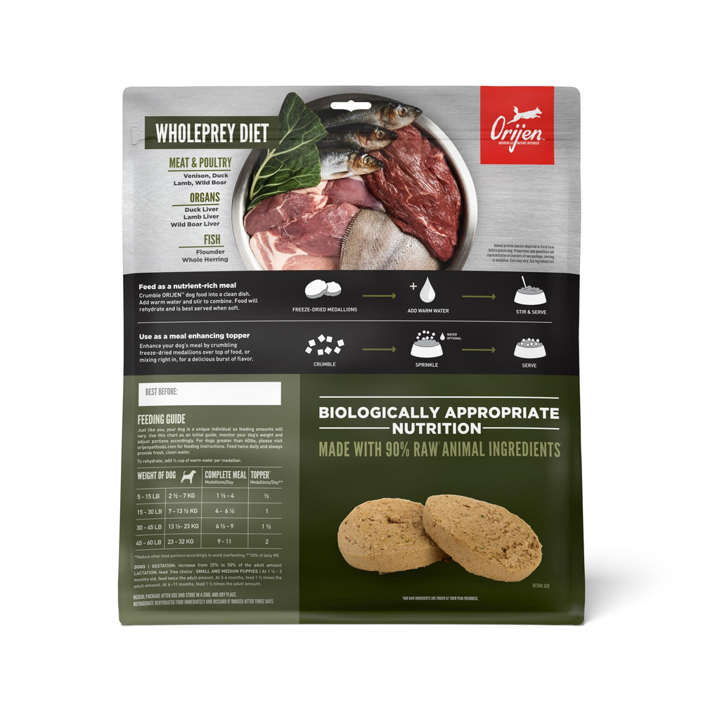 ORIJEN TUNDRA freeze-dried medallions closeup for nutrient-rich flavor retention.