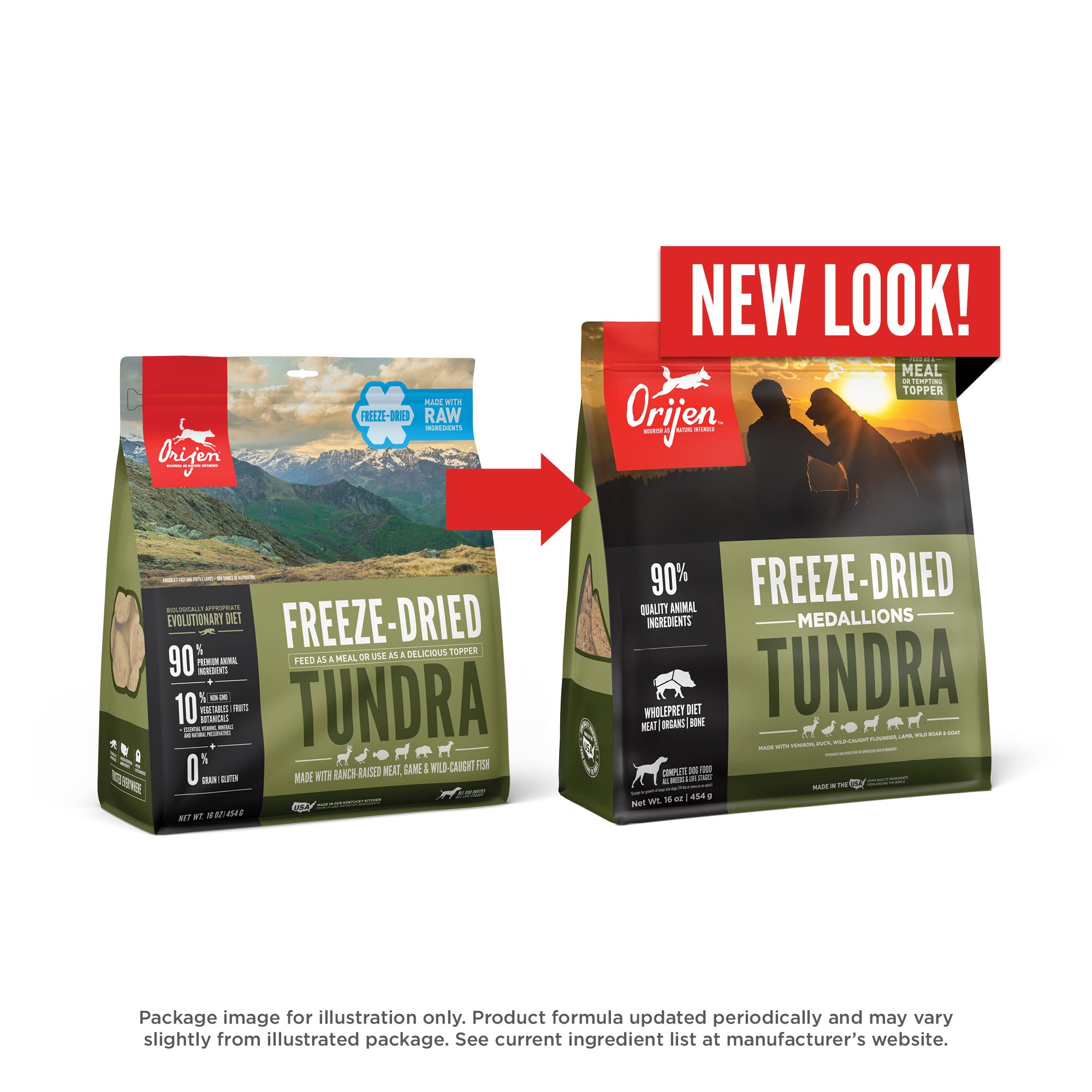 ORIJEN TUNDRA frozen raw ingredients image underscores freshness.