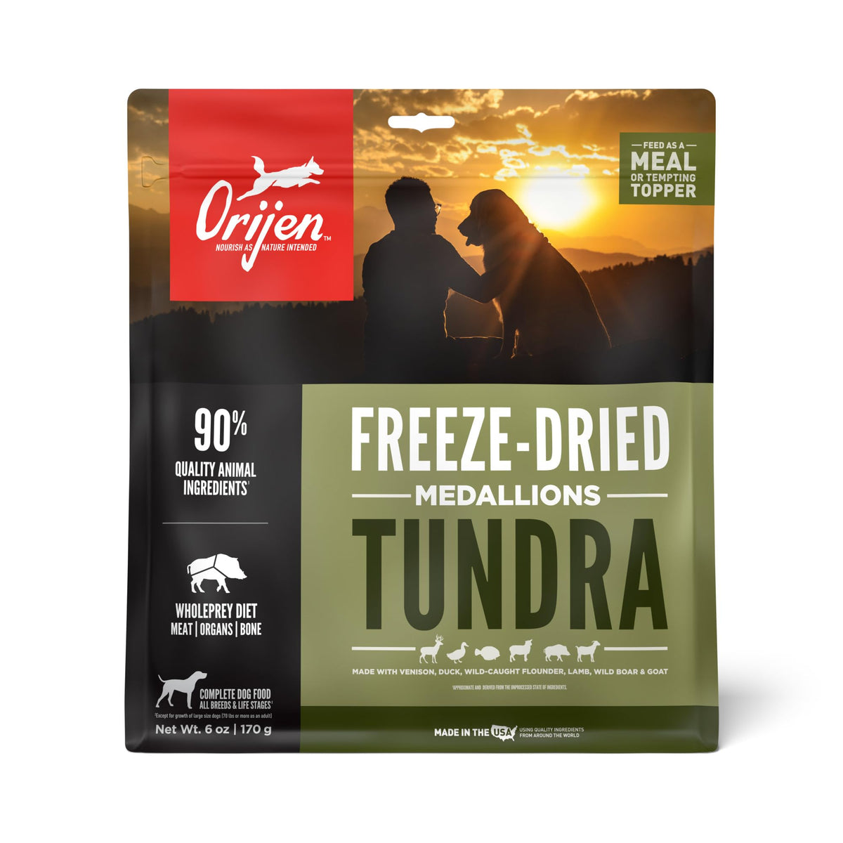 ORIJEN TUNDRA packaging shows a 6 oz bag with premium protein ingredients.
