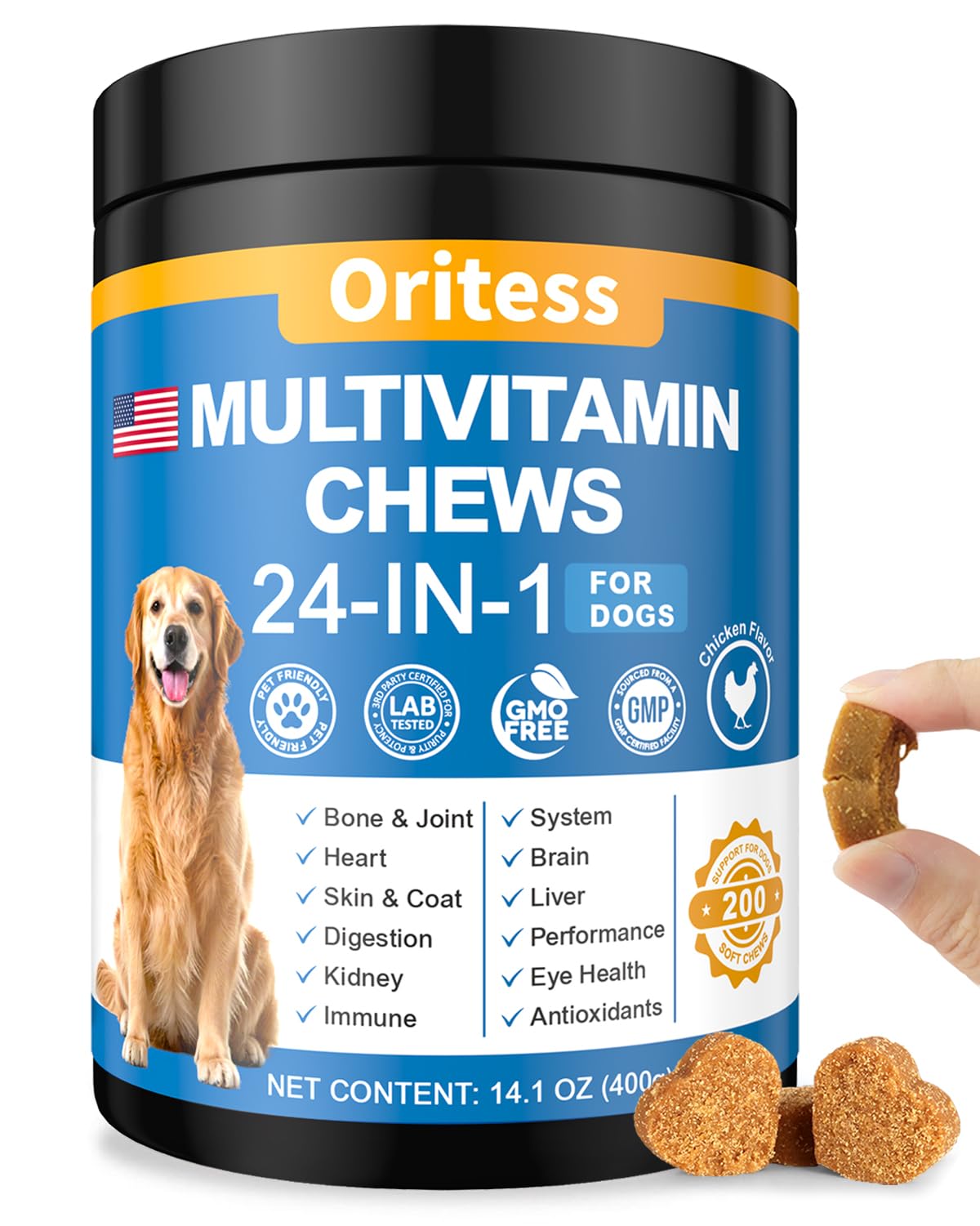 Oritess dog vitamins bottle showing all-in-one daily chewables for wellness.