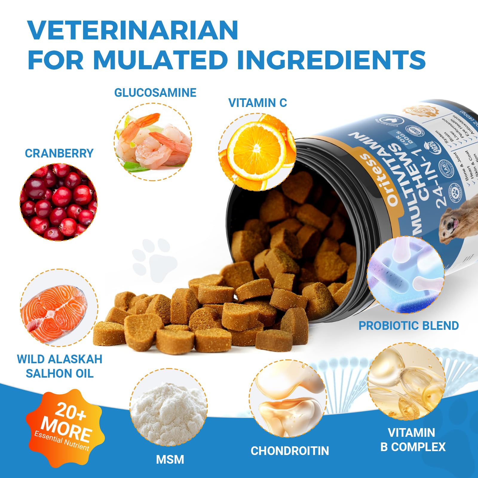 Oritess dog vitamins pack shows 200-chew bottle for easy daily use.