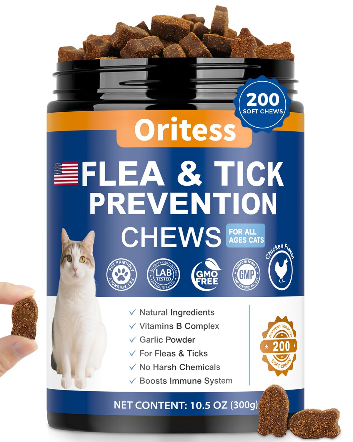 Oritess flea and tick prevention cats chews bottle delivers convenient daily protection.