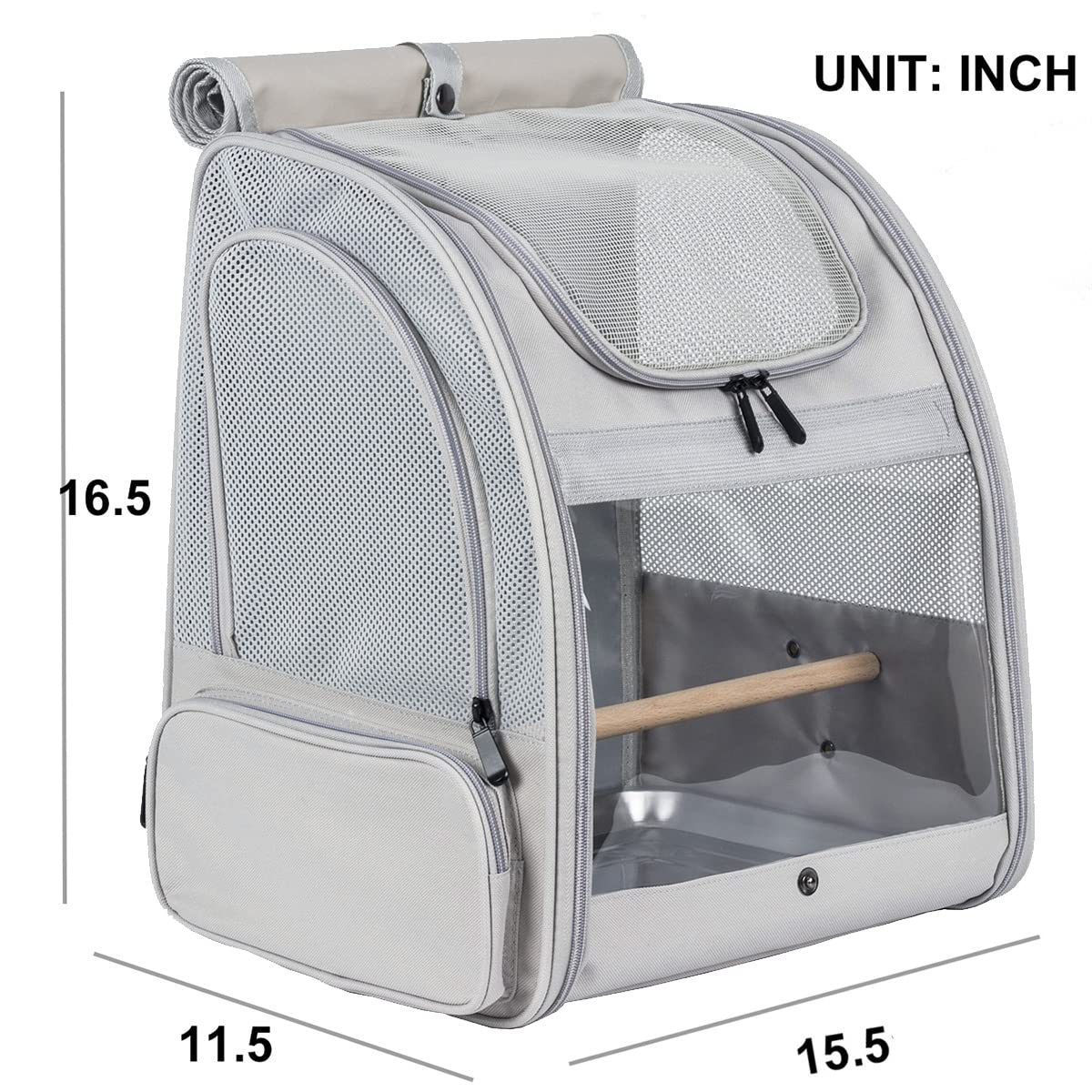 orizzp bird backpack interior includes wooden standing perch for stable perching