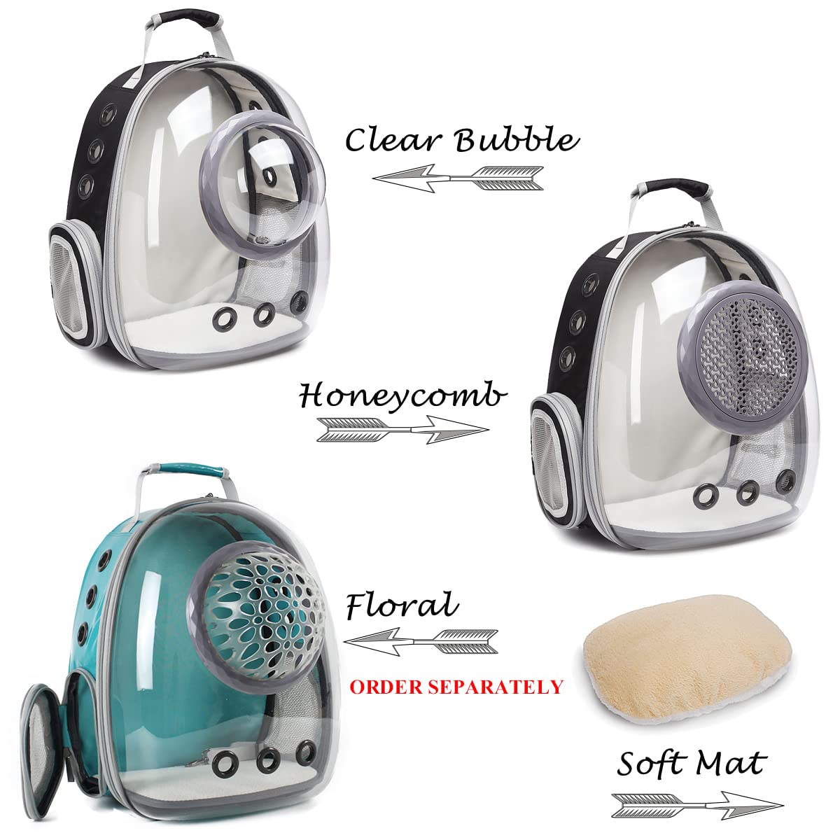 ORIZZP Bubble Cat Carrier Backpack accessories bundle includes soft mat and ventilation honeycomb.