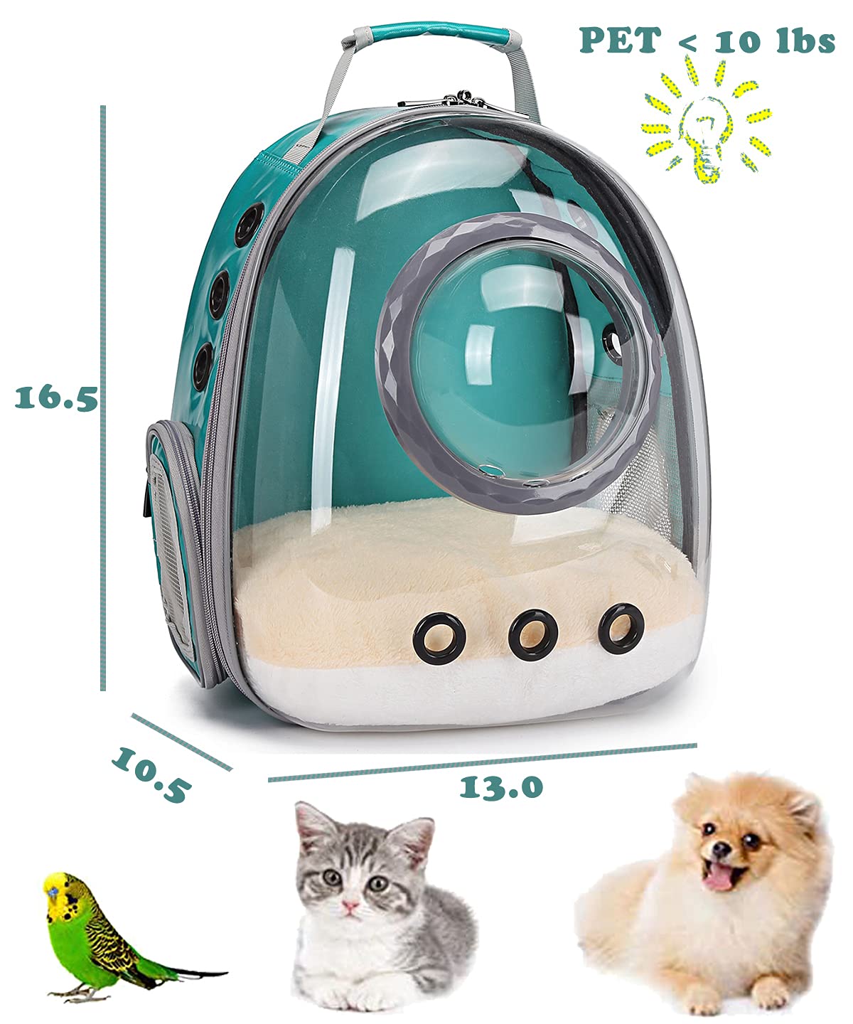 ORIZZP Bubble Cat Carrier Backpack green side view with transparent panel aids constant pet monitoring.