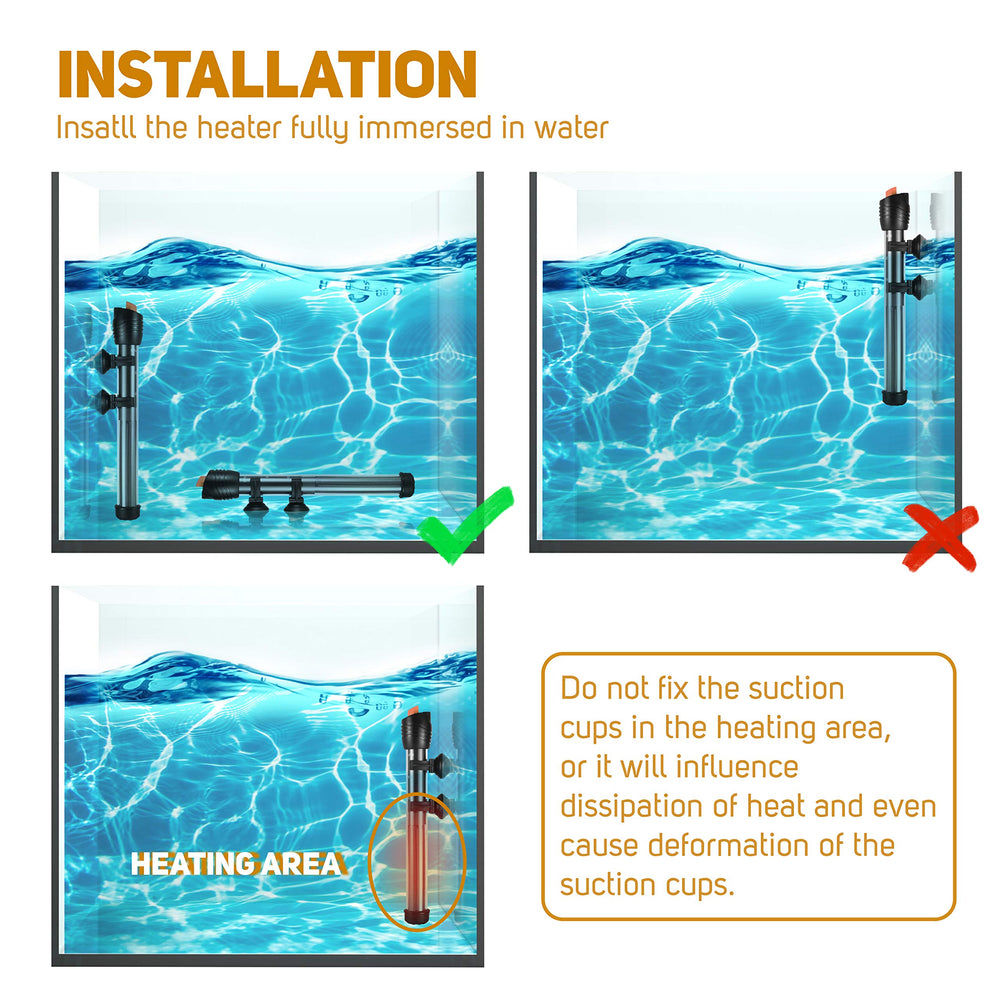 Orlushy heater with two suction cups for secure tank mounting