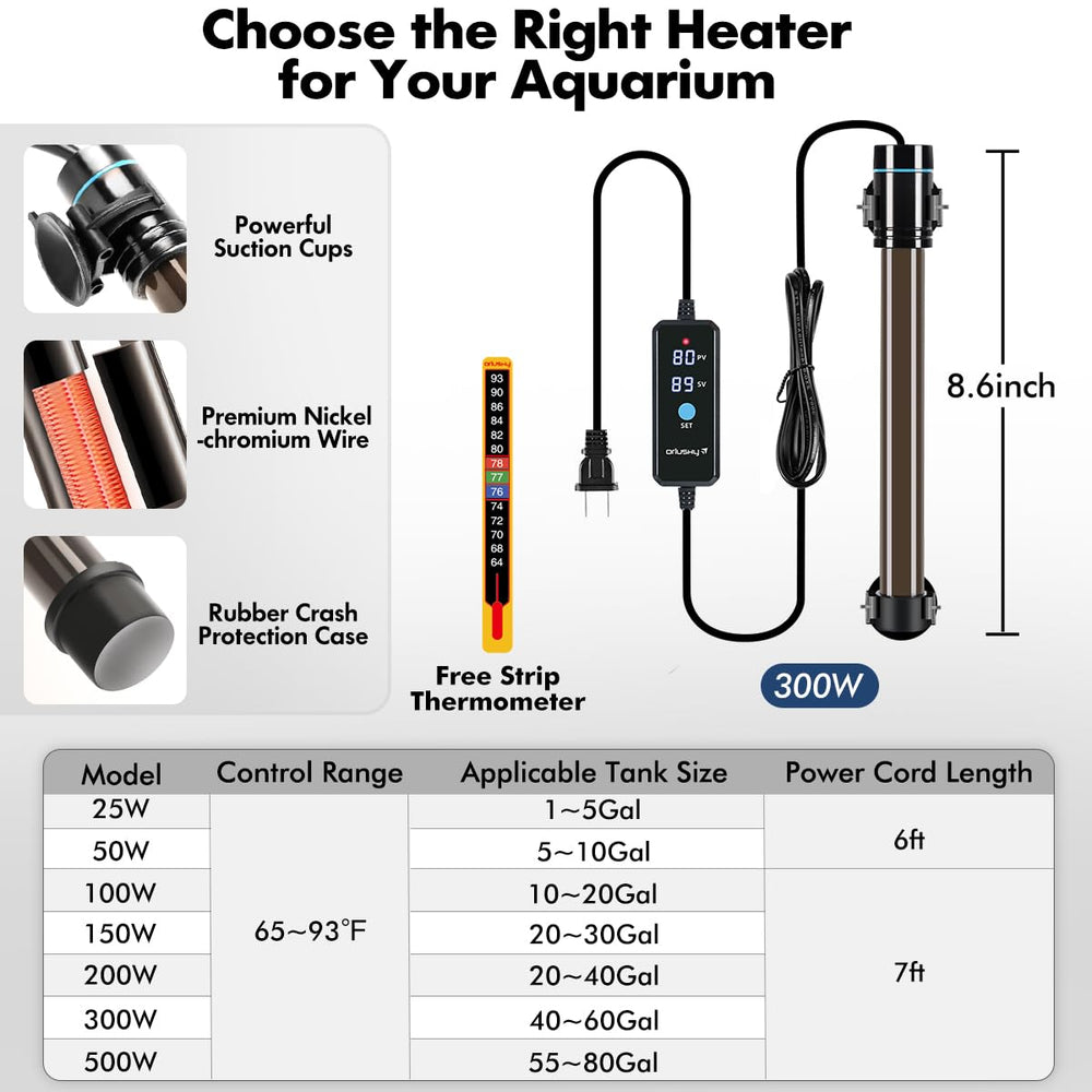 Orlushy 300W heater with free thermometer supports easy temperature monitoring.