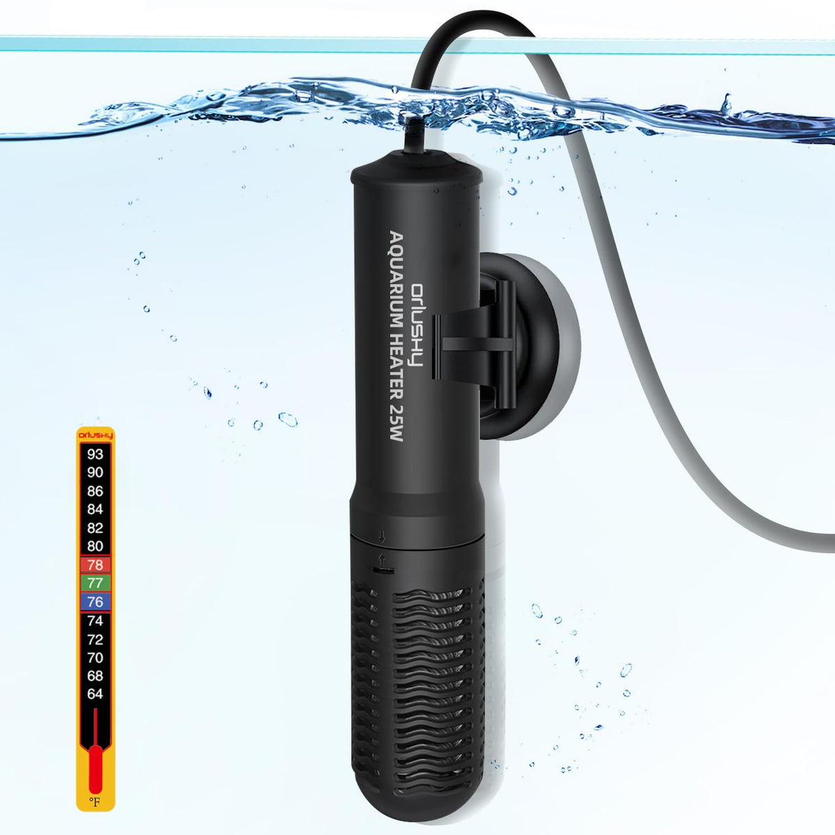 Calentador Orlushy 25W en tanque mantiene temperatura estable para acuarios pequeños.