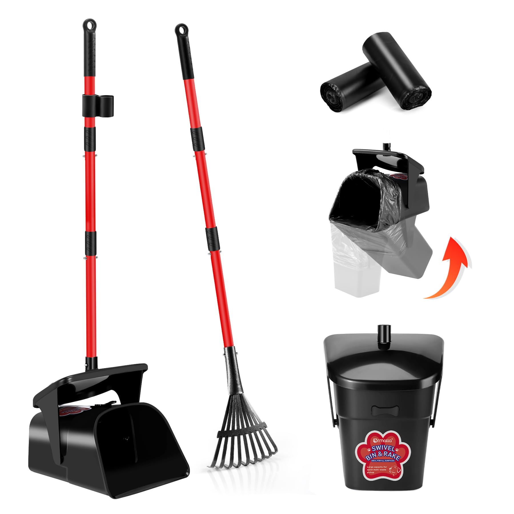 Ormalla pooper scooper swivel-bin close-up highlighting durable stainless steel handle for effortless use.