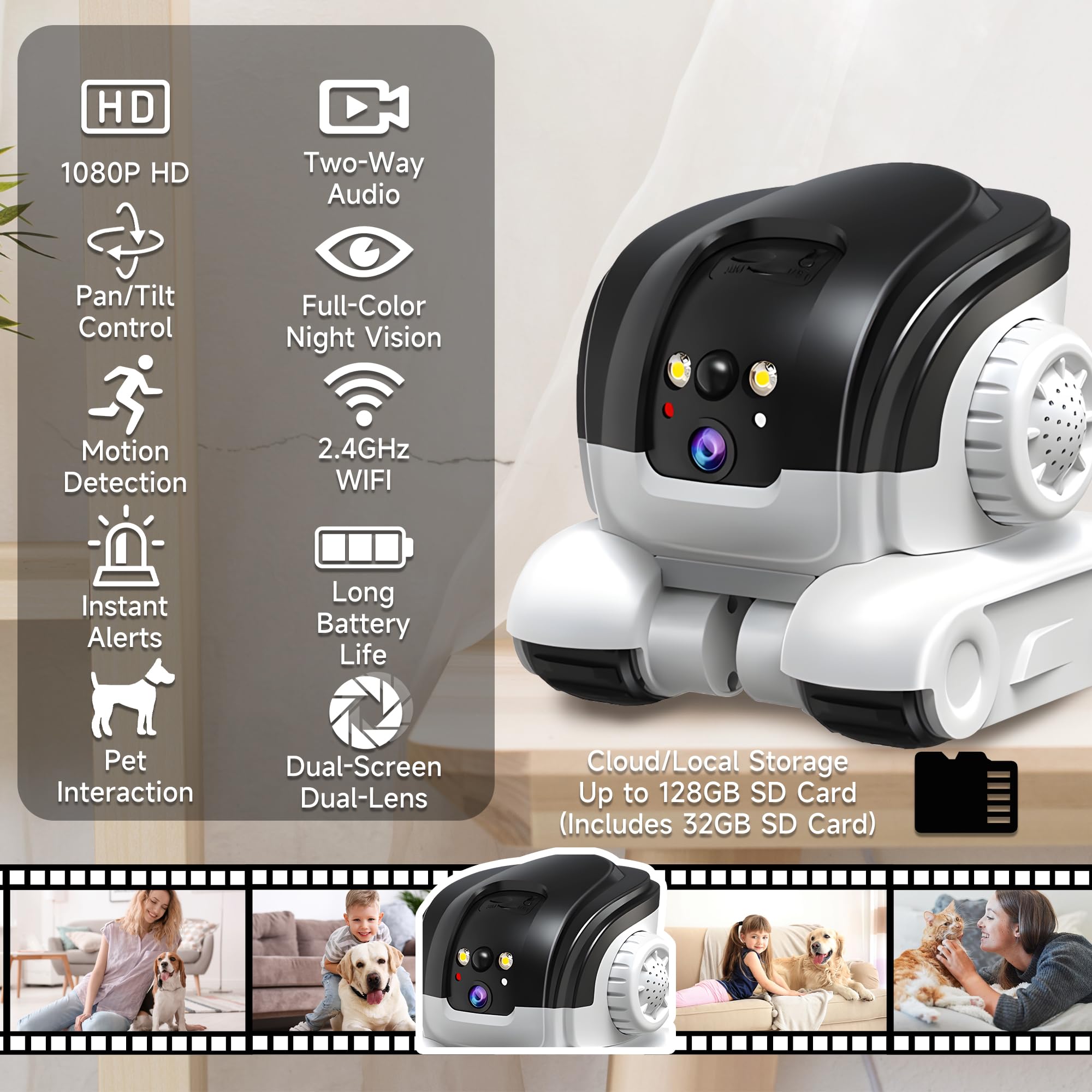 OROMVO Pet Camera dual-lens back view shows motion tracking from behind.