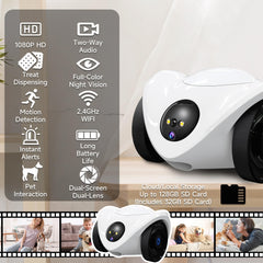 OROMVO pet camera rear view highlights movable wheels for 360° coverage