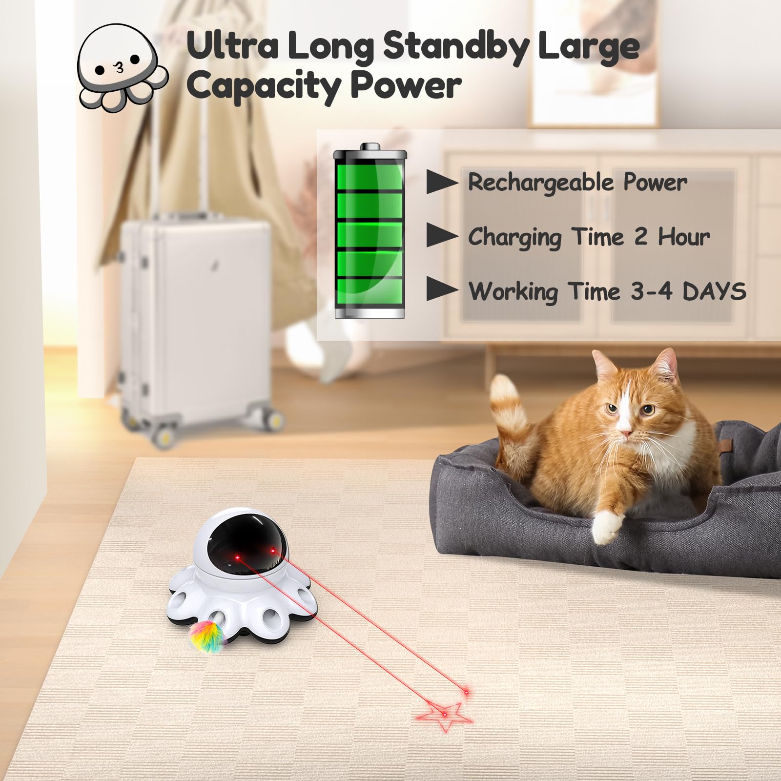 ORSDA Cat Laser Toy night-mode illustrates automatic off for peaceful nights.