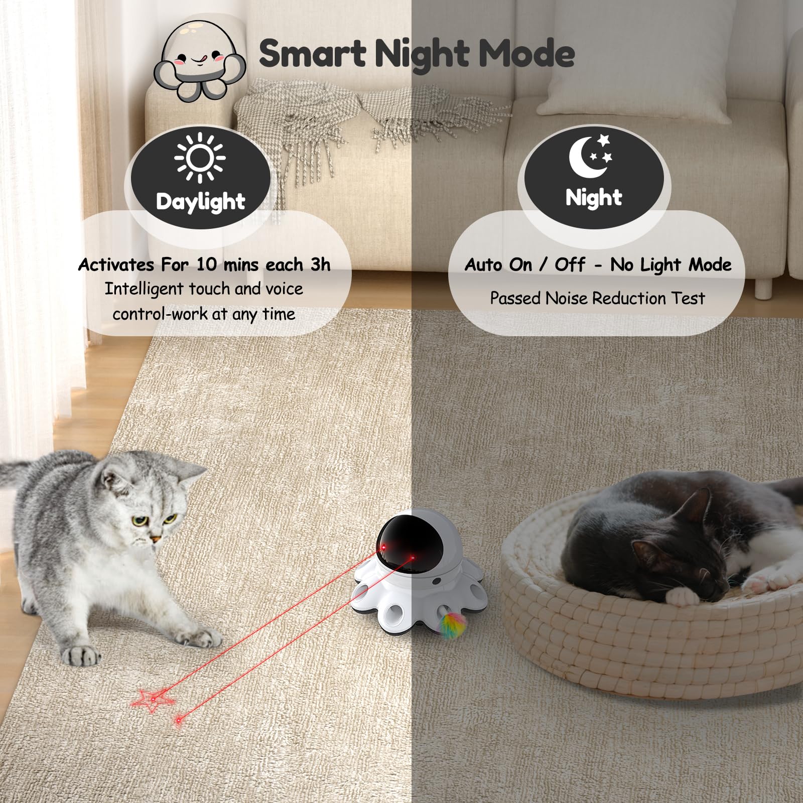 ORSDA Cat Laser Toy smart-sensor-control shows touch and voice activation for hands-free entertainment.
