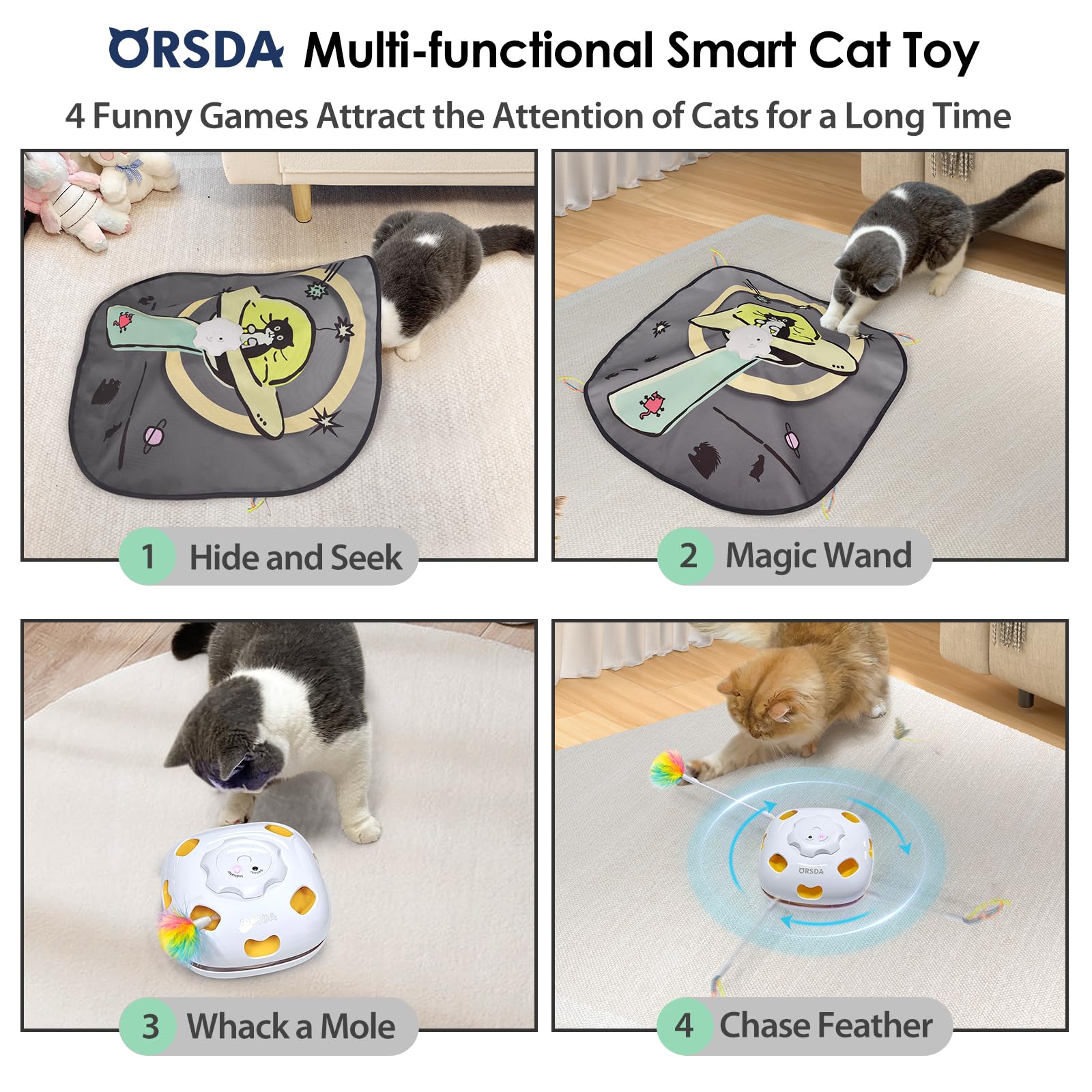 ORSDA cat toy demonstrates smart night mode for peaceful sleep and daytime play.
