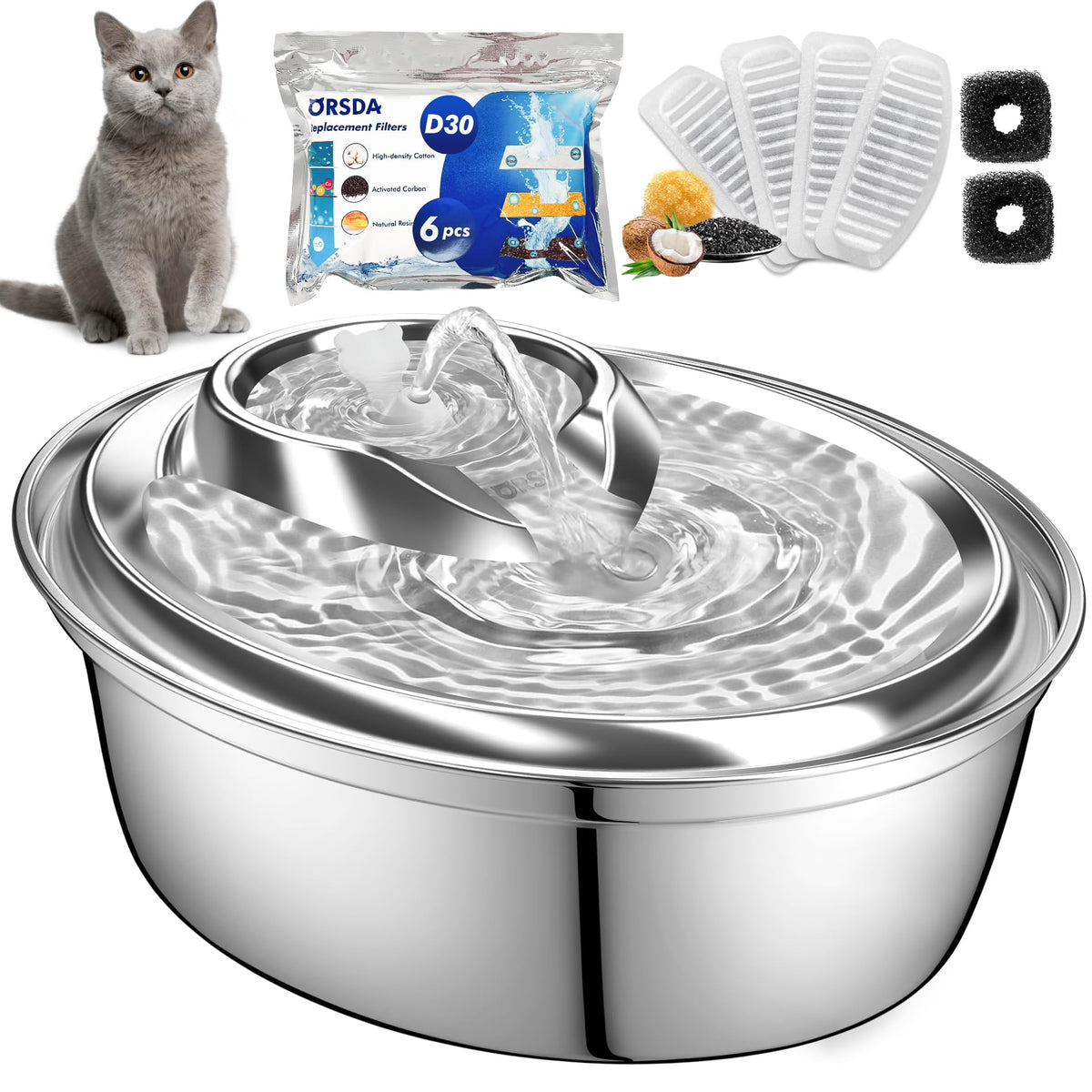 ORSDA cat water fountain front view in stainless steel supports clean hydration.