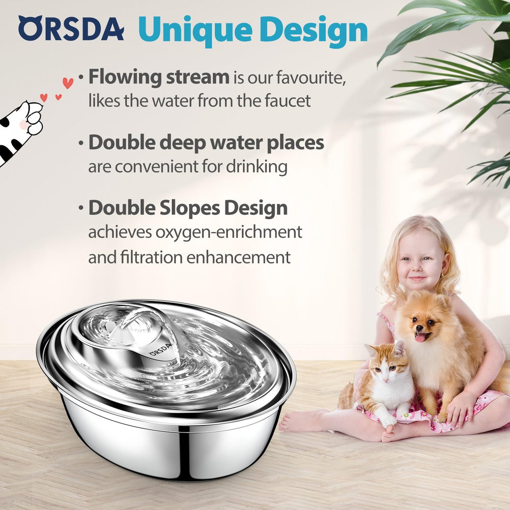 ORSDA cat water fountain side view highlights 2L capacity for daily hydration.
