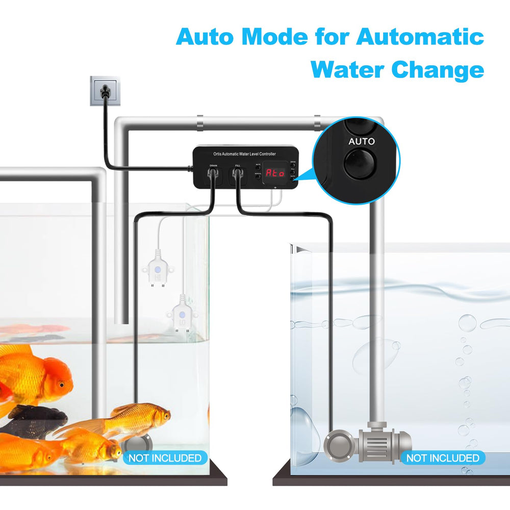 Ortis water-change function supports freshwater and marine setups with flexible automation.
