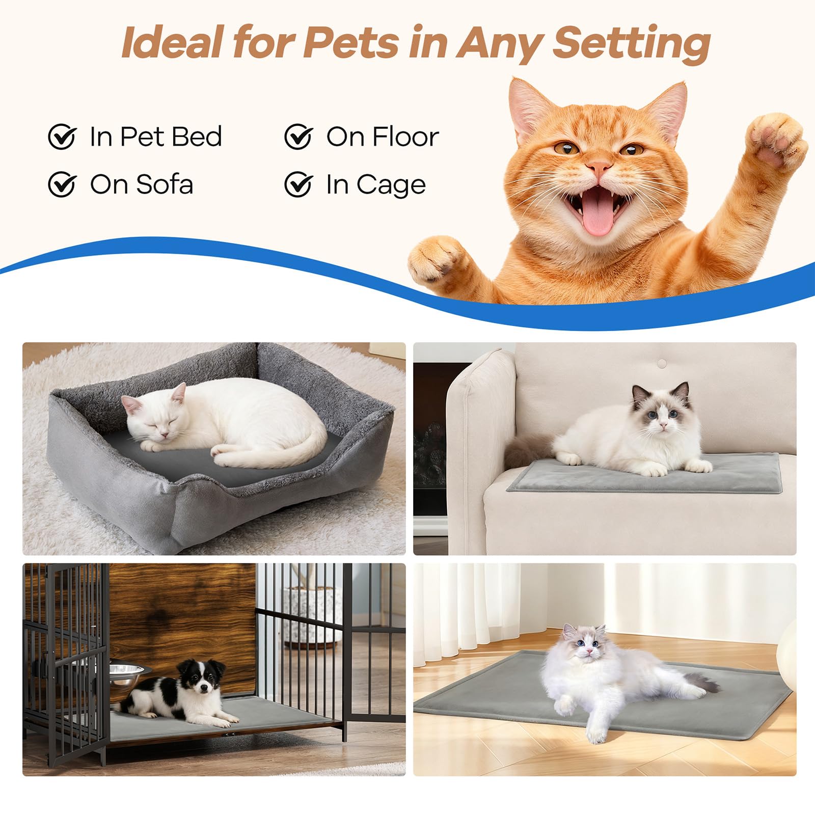 Ortri cat heating pad shows 21.65 by 13.77 inches for roomy lounging
