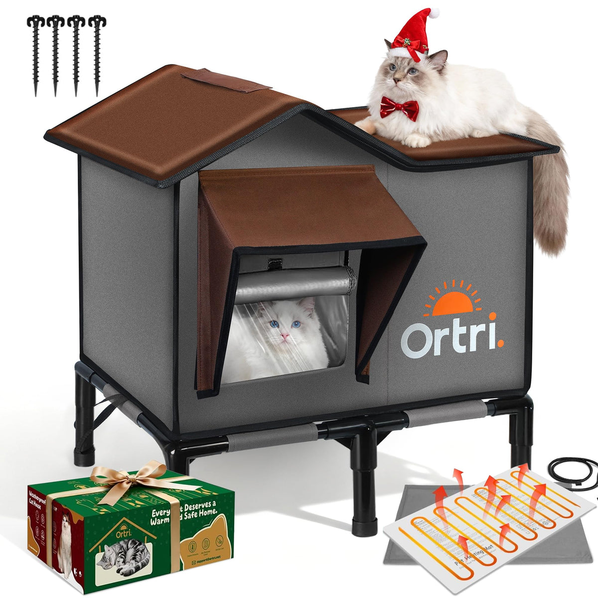 Ortri outdoor heated cat house front view showing weatherproof shelter for cold days