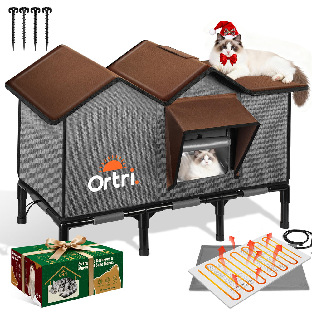 Ortri outdoor heated cat house front view highlights weatherproof exterior