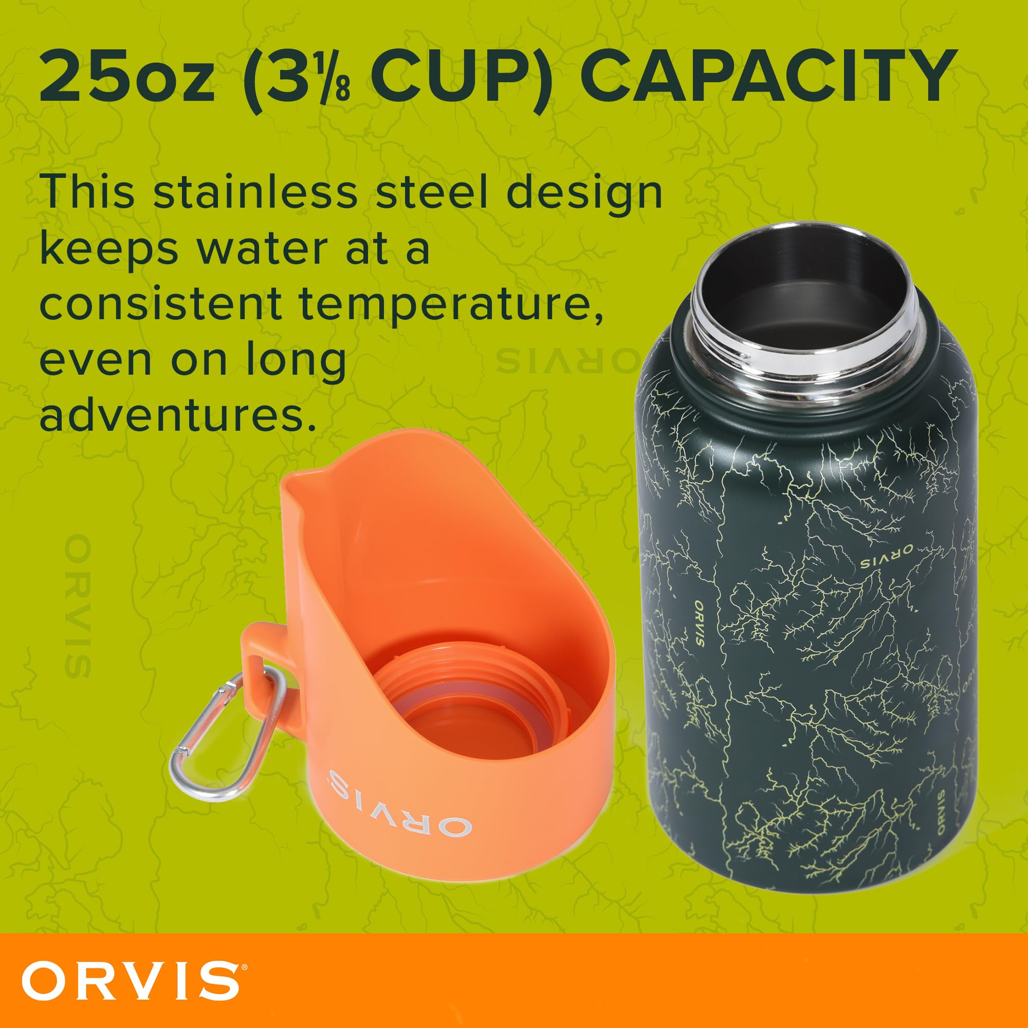 Orvis 25oz capacity supports longer adventures with your pet.