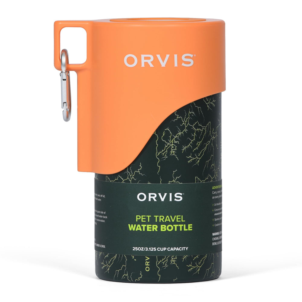 Orvis dog travel bottle with carabiner for hands-free hydration on the go.
