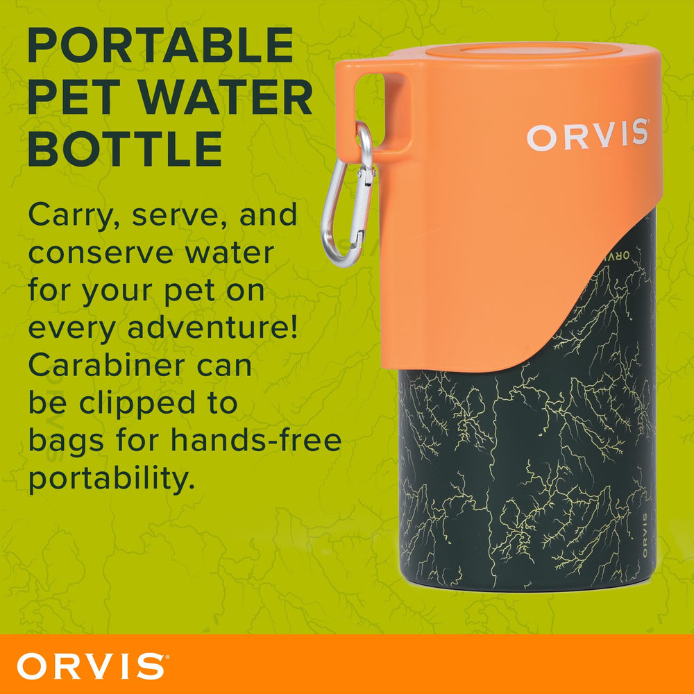 Orvis dog travel bottle lid doubles as wide-mouth bowl for easy drinking.