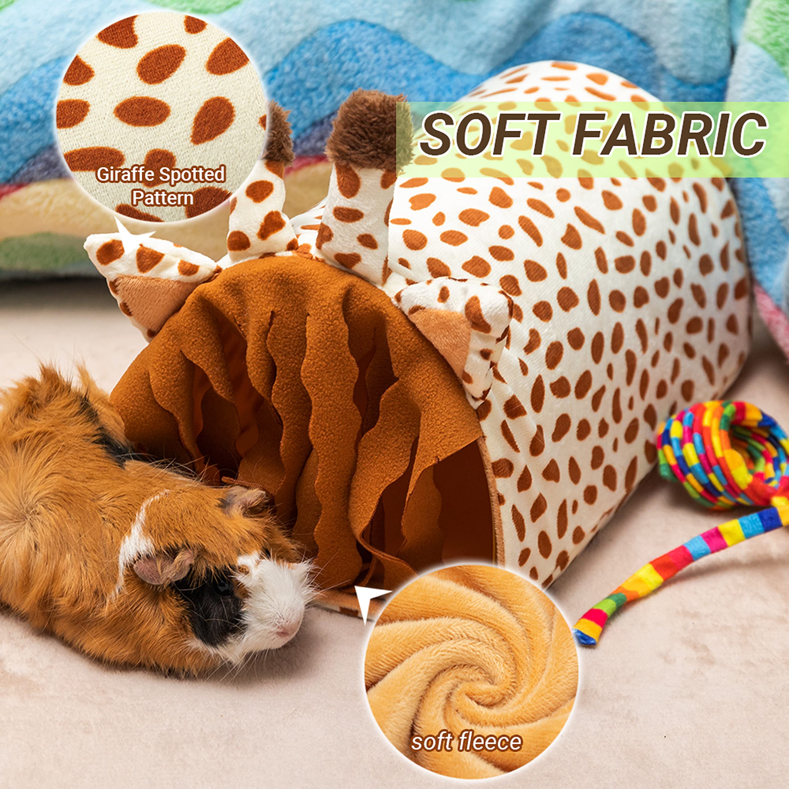 ORZECHKO Guinea Pig Tunnel House giraffe-print fabric adds playful charm for curious pets.