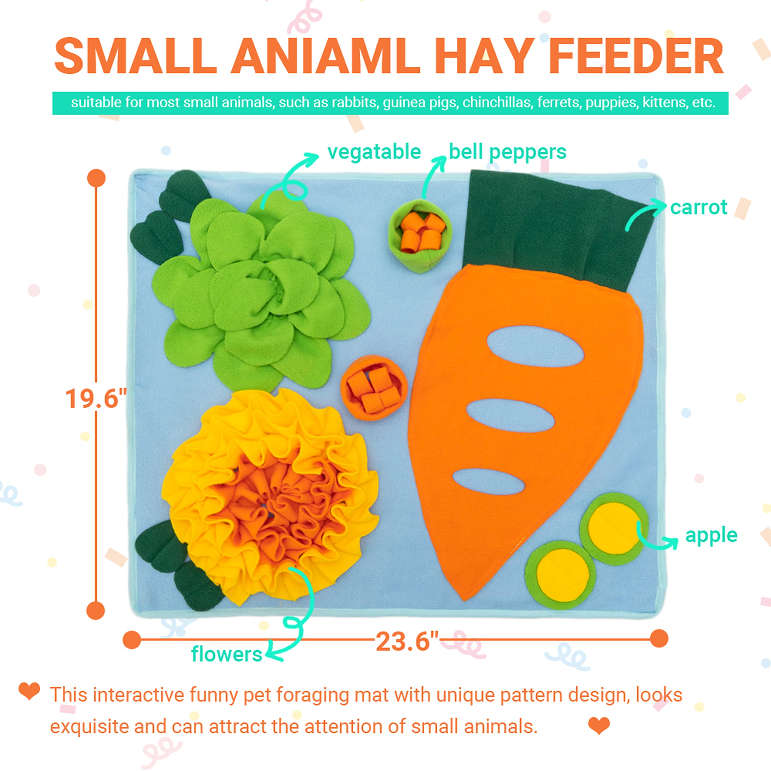 ORZECHKO Rabbit Hay Feeder Mat close-up reveals fruit shapes stimulating foraging.